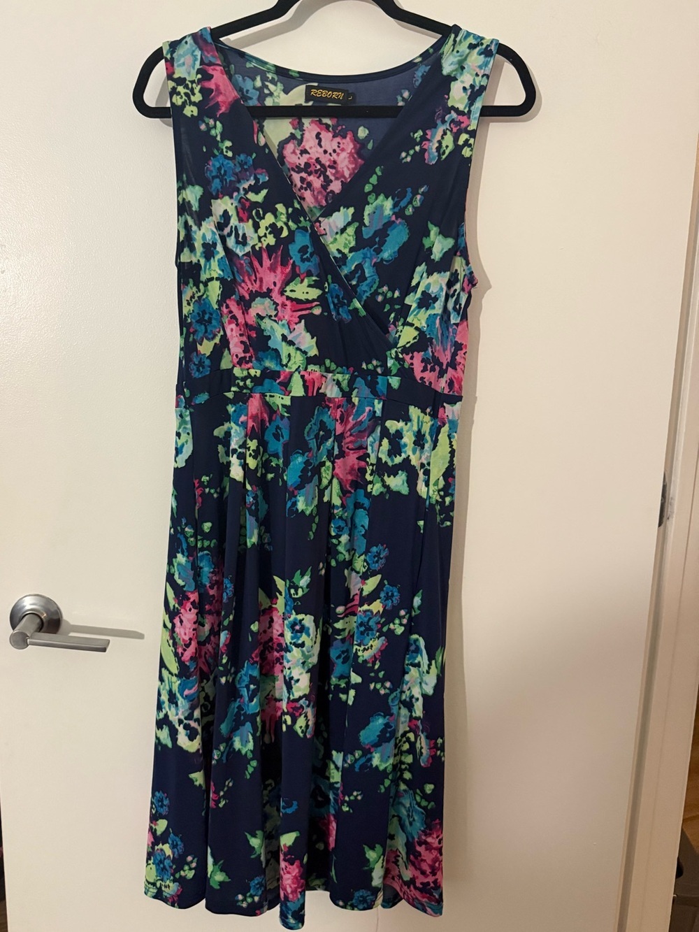 Reborn Floral Navy Fit-and-Flare Dress with Pink & Teal Accents